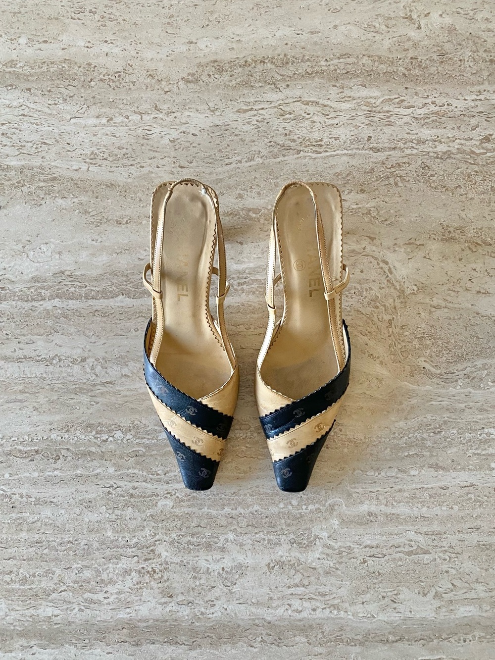 Vintage Chanel CC Print Logo Heel Slingbacks